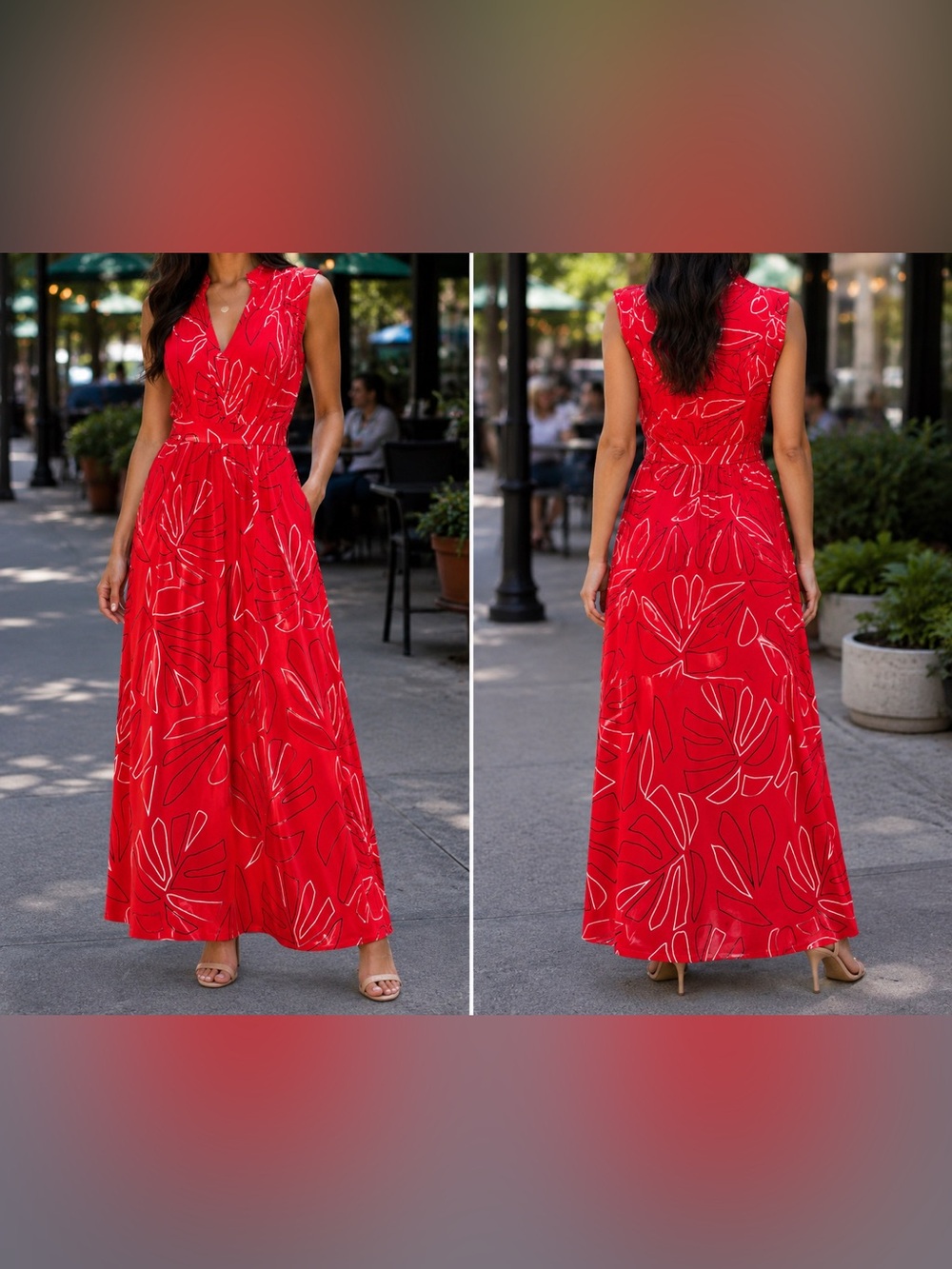 Chico's Red Sleeveless V-Neck Maxi Dress with White Abstract Outline EUC